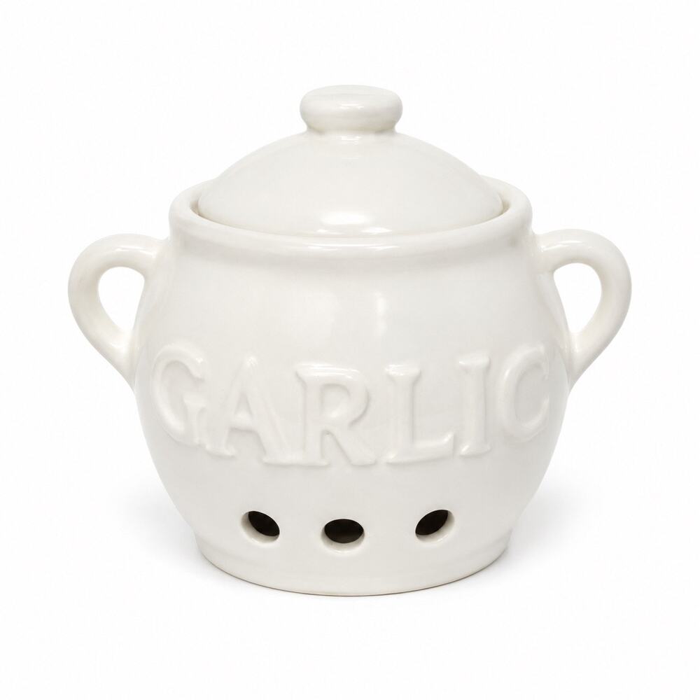 Vintage Ceramic Garlic Keeper White Lidded Storage Crock Ventilated 5 Inch